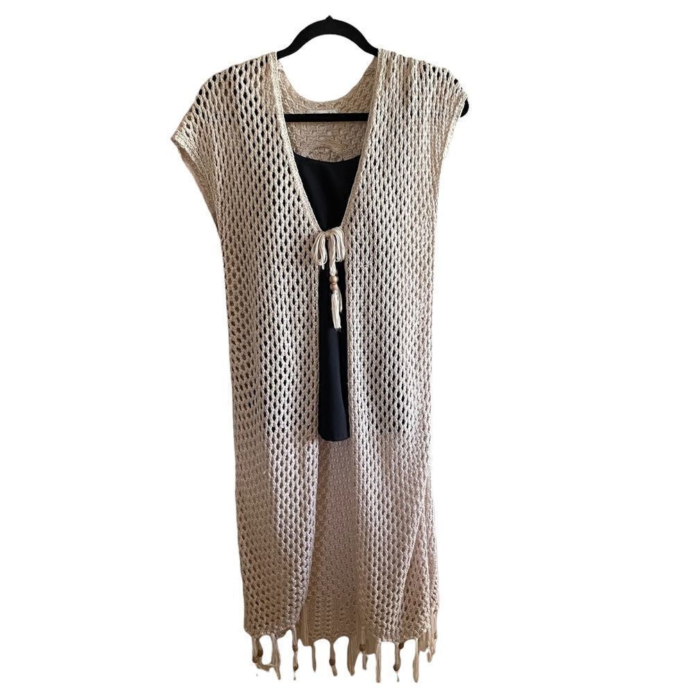 Indigo Thread Co ~ Ivory Crochet Long Sleeveless Cardigan w/ Front Ties~ size XS